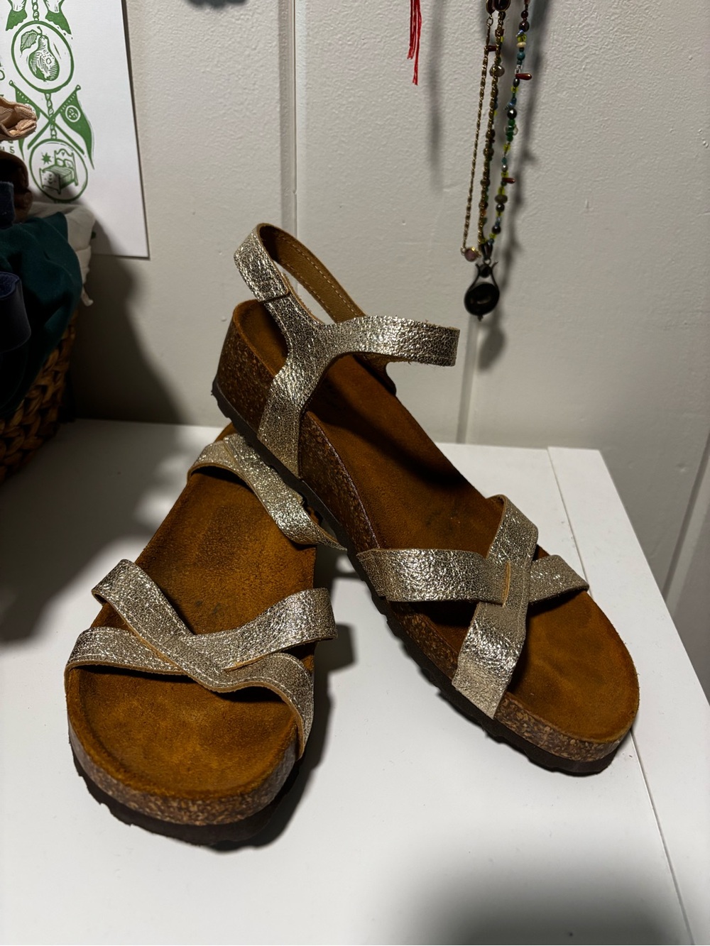 Spring Step Metallic Gold Strappy Cork Wedge Sandals